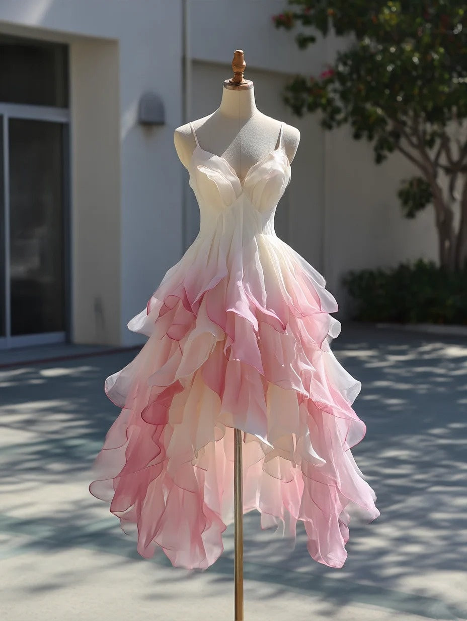 Charming Midi Prom Dress Ombre Spaghetti Straps Pleated Ruffle Formal Dresses Gala Gown Evening Dress  D4728