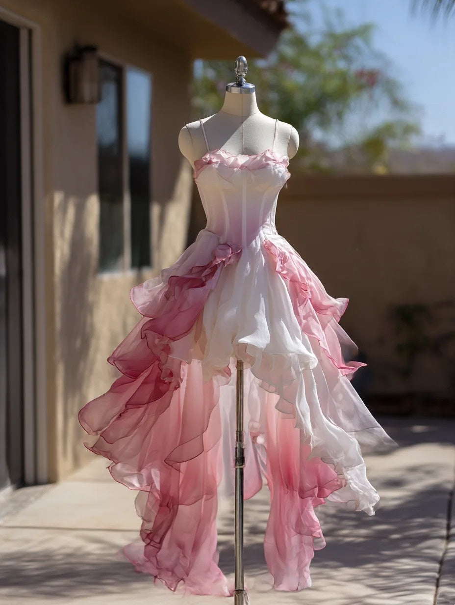 Beauty Midi Prom Dress Ombre Spaghetti Straps Pleated Ruffle Formal Dresses Gala Gown Evening Dress  D4729