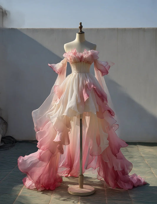 Sweet Homecoming Dress Ombre Off Shoulder Ruffle Pleated Short Prom Dress Birthday Party Outfits Back to School  D4731