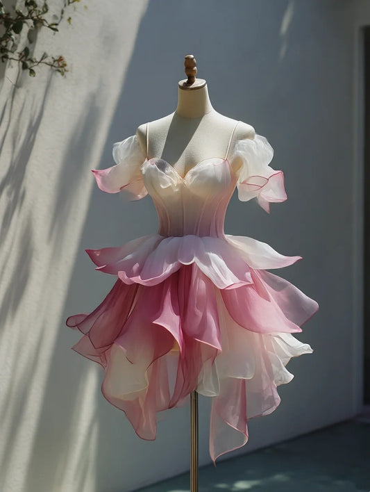 Sweet Homecoming Dress Ombre Spaghetti Straps Ruffle Short Prom Dress Birthday Party Outfits Back to School  D4734