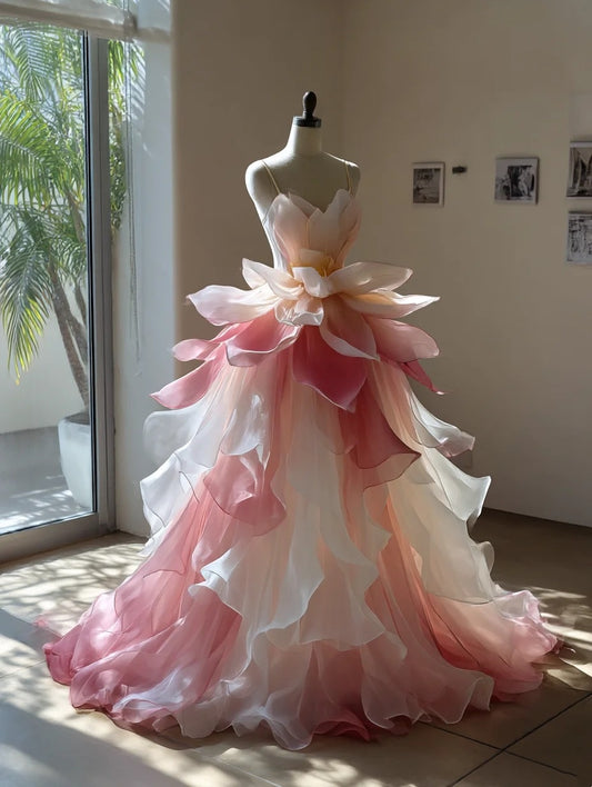 Chic Ball Gown Obmre Spaghetti Straps Pleated Ruffle Prom Dresses Evening Gala Gown Quinceanera Dress       D4736