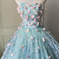 Beauty Ball Gown Light Blue Strapless Pleated Tulle Prom Dresses Evening Gala Gown Sweet 16 Dress       D4739