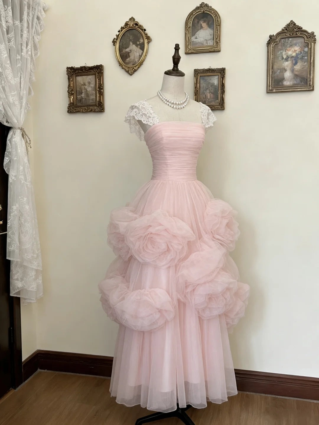 Pretty Prom Dress Light Pink Square Neck Tulle Formal Dresses Evening Dress Gala Gown  D4746