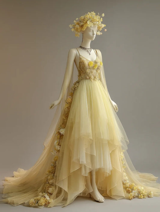 A Line Prom Dress Light Yellow Spaghetti Straps Pleated Tulle Formal Dresses Evening Dress Gala Gown  D4754