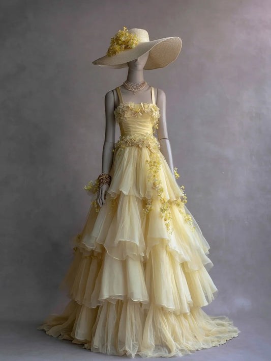 A Line Prom Dress Light Yellow Straps Tulle Tiered Formal Dresses Evening Dress Gala Gown  D4755