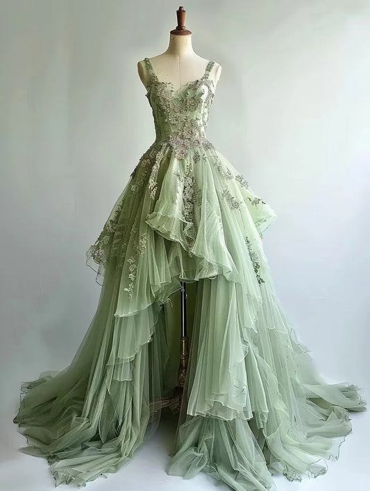 A Line Prom Dress Light Green Spaghetti Straps Tulle Appiques Pleated Formal Dresses Evening Dress Gala Gown  D4757