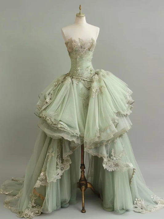 New Arrival Prom Dress Light Green Strapless Tulle Appiques Pleated Formal Dresses Evening Dress Gala Gown  D4758