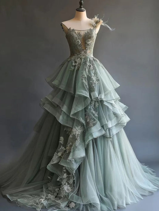 Charming Ball Gown One Shoulder Tulle Prom Dresses Evening Gala Gown Quinceanera Dress       D4760