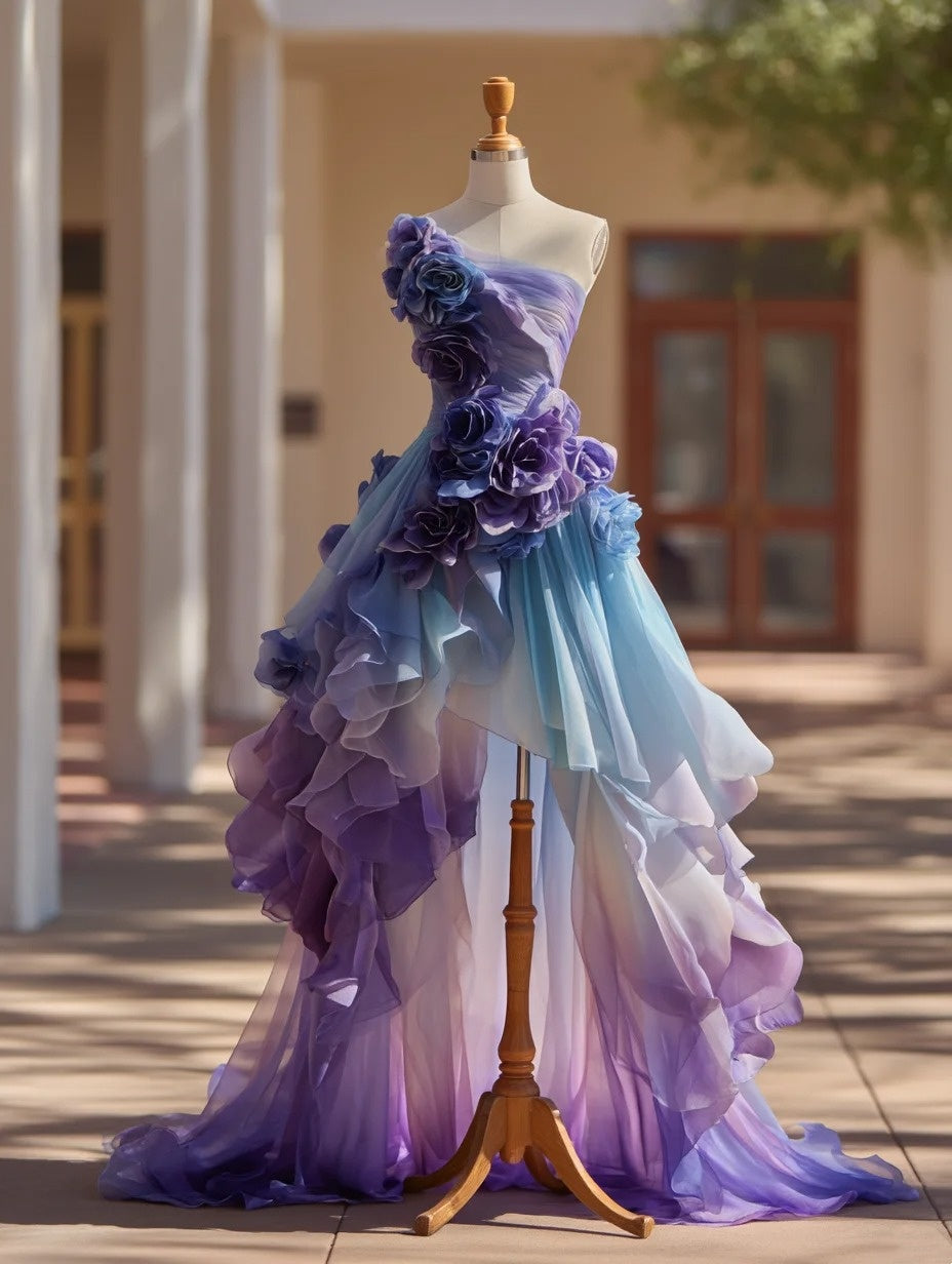 Ombre Prom Dress One Shoulder Flower Pleated Birthday Party Outfits Evening Dress Gala Gown  D4773