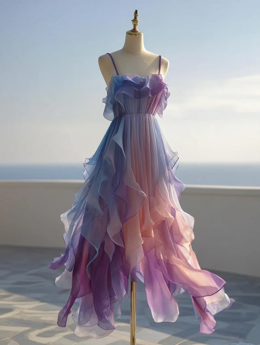 A Line Prom Dress Ombre Spaghetti Straps Pleated Birthday Party Outfits Evening Dress Gala Gown  D4774