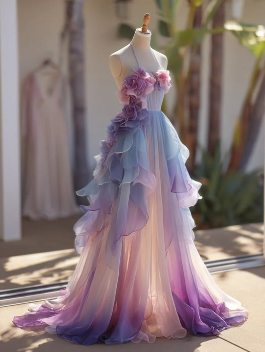A Line Prom Dress Ombre Halter Ruffle Flower Birthday Party Outfits Evening Dress Gala Gown  D4776