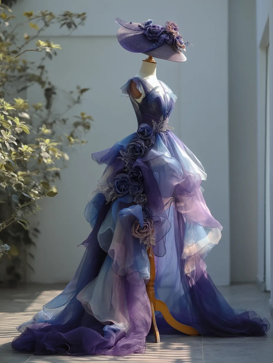New Arrival Prom Dress V-neck Flower Birthday Party Outfits Evening Dress Gala Gown  D4777