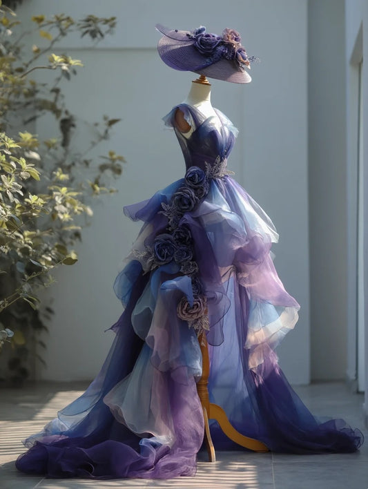 New Arrival Prom Dress V-neck Flower Birthday Party Outfits Evening Dress Gala Gown  D4777