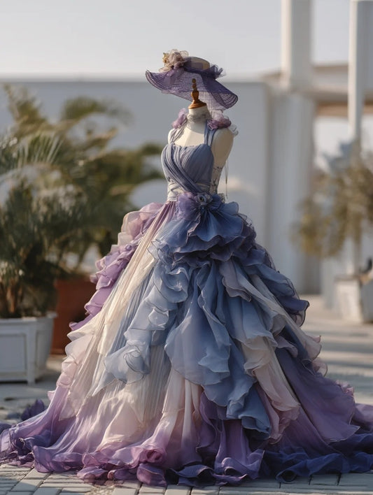 Beauty Ball Gown Ombre Spaghetti Straps Ruffle Prom Dresses Evening Gala Gown Quinceanera Dress       D4781