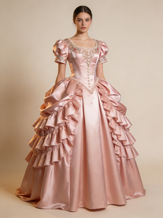 Vintage Ball Gown Pink Square Neck Pleated Prom Dresses Evening Gala Gown Quinceanera Dress       D4782