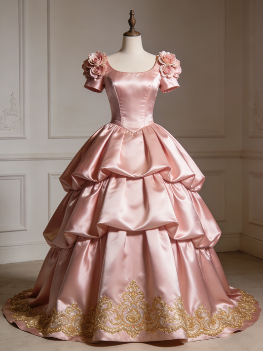 Beauty Ball Gown Pink Square Neck Pleated Prom Dresses Quinceanera Dress Evening Gala Gown      D4784