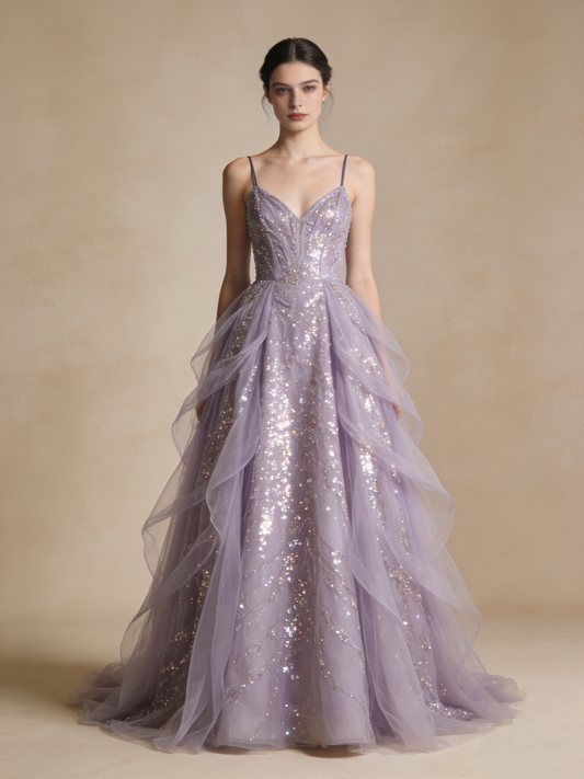 Sparking Prom Dress Purple Spaghetti Straps Gala Gown Birthday Party Outfits Evening Dress  D4787