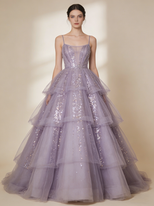 Shiny Ball Gown Purple Spaghetti Straps Pleated Tulle Prom Dresses 16th Dress Evening Gala Gown      D4788
