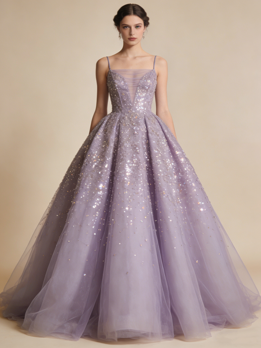 Shiny Ball Gown Light Purple Spaghetti Straps Pleated Tulle Prom Dresses Quinceanera Dress Evening Gala Gown      D4789
