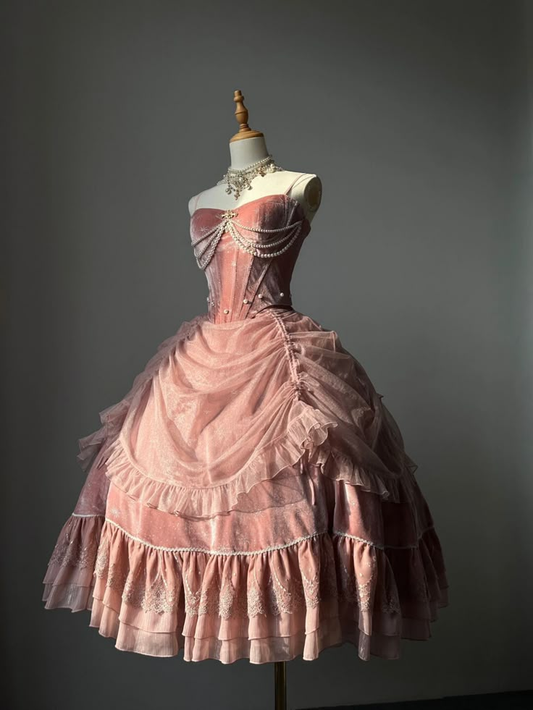 Fairy Pink Straps A-Line Velvet Midi Birthday Ball Gown Cute Party Dress, D977