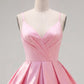 Unique Homecoming Dress Spaghetti Strap V Neck Pleated A-Line Back to School Outfits Party Dress D7774