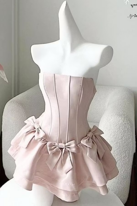 Beautiful Homecoming Dress Strapless Pleated Bowknot Back to School Outfits Party Dress D7249