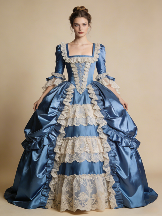 Blue Ball Gown Square Neck Lace Pleated Prom Dresses Quinceanera Dress Evening Gala Gown      D4800