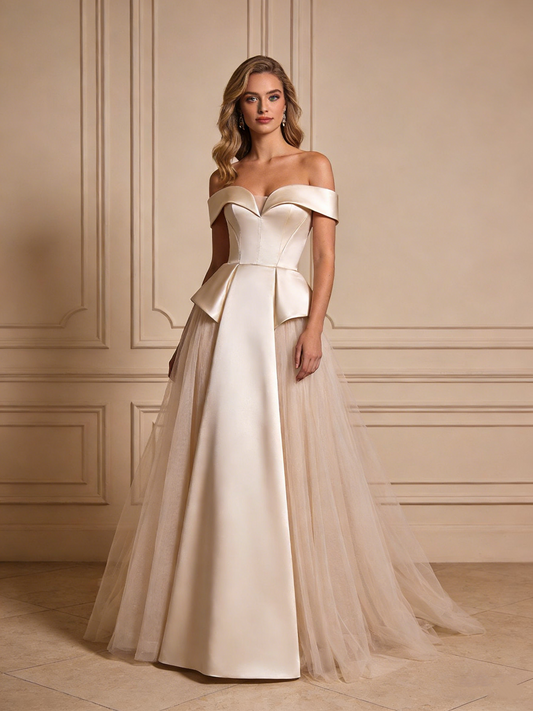 Elegant Wedding Dress Off Shoulder Pleated Tulle Wedding Dress  D4803