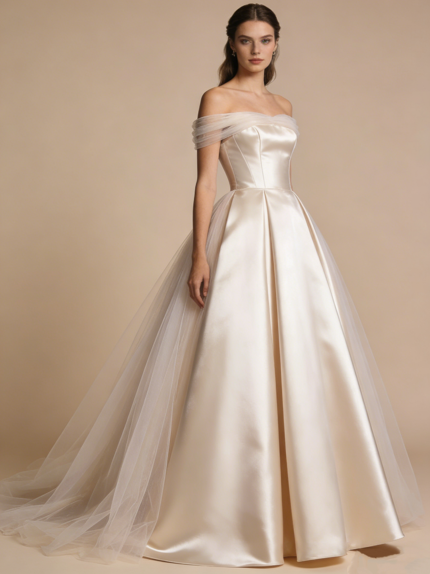 Elegant Wedding Dress Satin Off Shoulder Pleated Tulle Wedding Dress  D4804