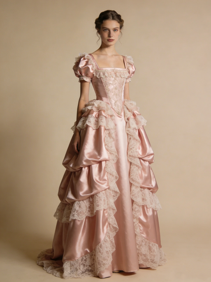 Light Pink Ball Gown Square Neck Lace Pleated Prom Dresses 17th Dress Evening Gala Gown      D4814