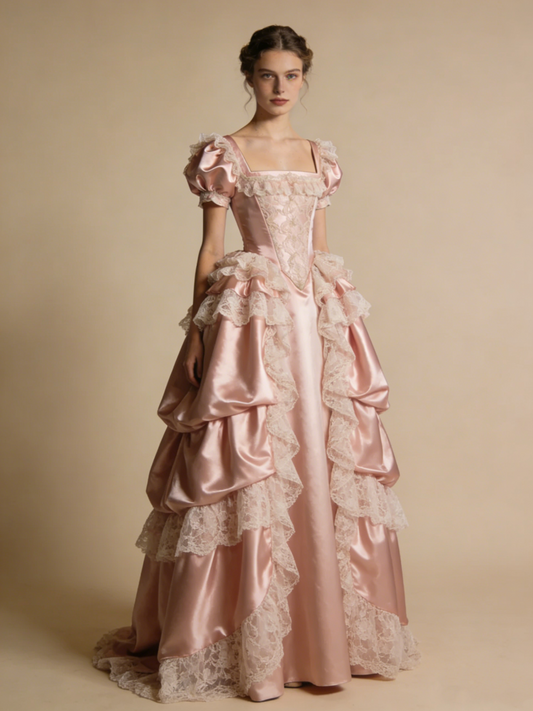 Light Pink Ball Gown Square Neck Lace Pleated Prom Dresses 17th Dress Evening Gala Gown      D4814