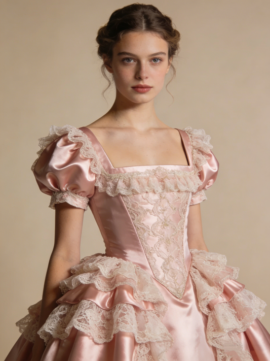 Light Pink Ball Gown Square Neck Lace Pleated Prom Dresses 17th Dress Evening Gala Gown      D4814