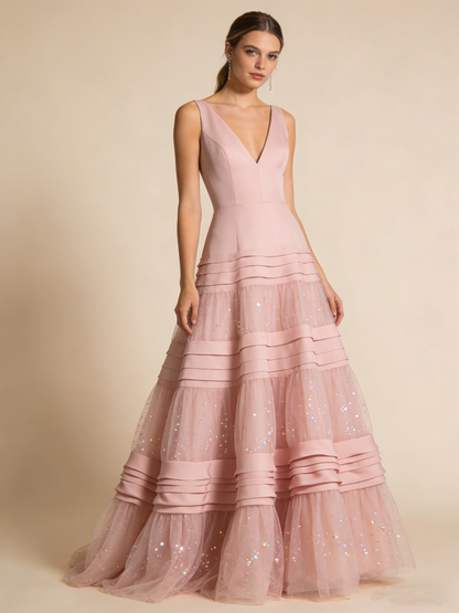 Chic Prom Dress Pink V-neck Pleated Tulle Birthday Party Outfits Gala Dress Evening Gown  D4816
