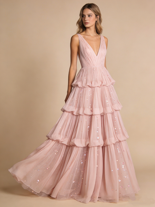 Fashion Prom Dress V-neck Tulle Pleated Cocktail Outfits Gala Dress Evening Gown  D4818