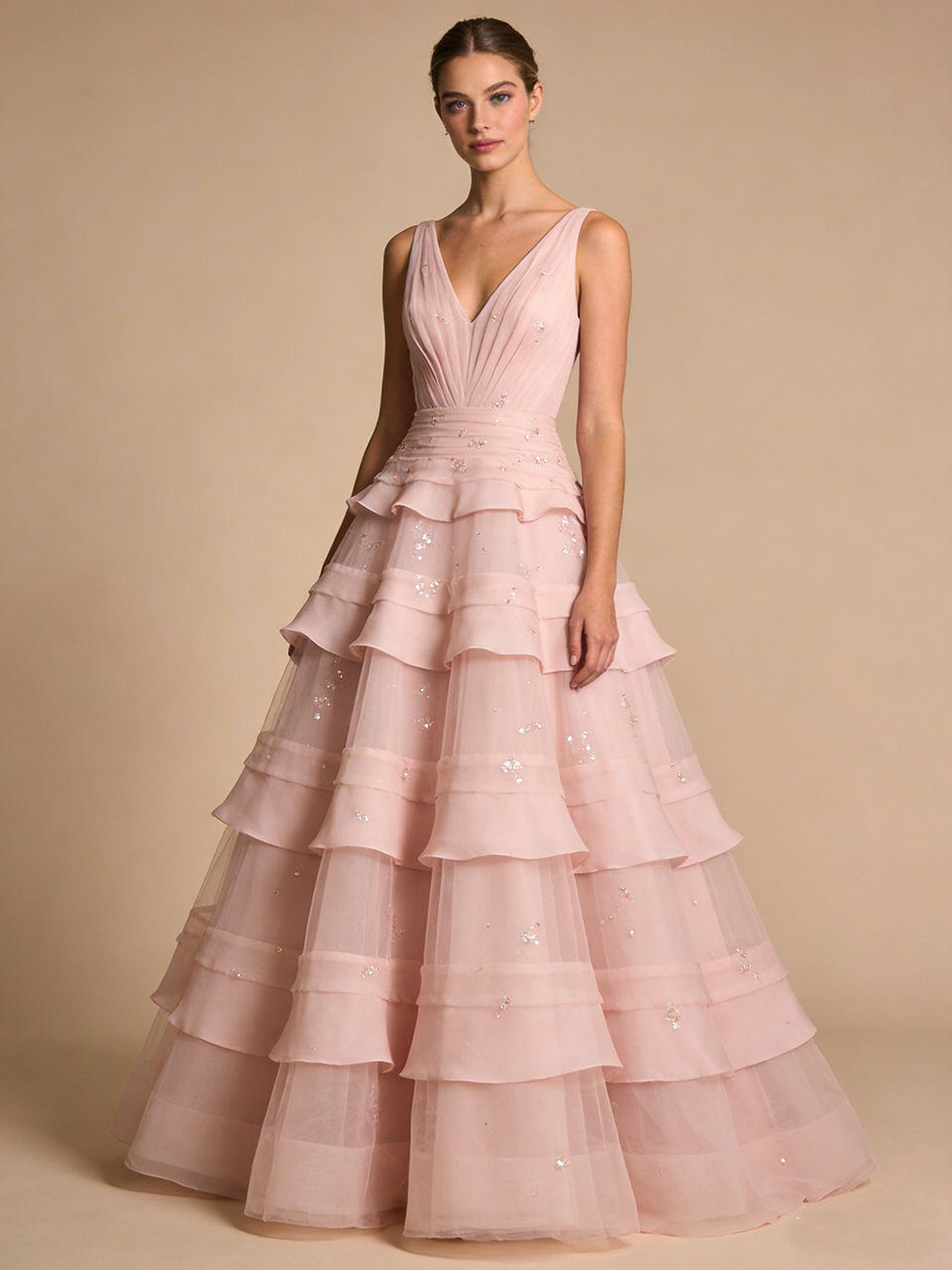 New Design Prom Dress Light Pink A Line V-neck Pleated Cocktail Outfits Gala Dress Evening Gown  D4819