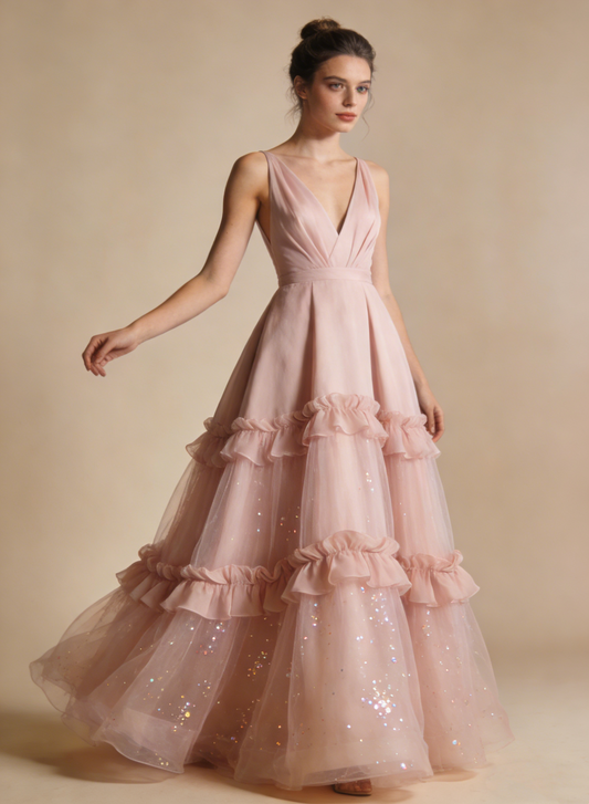 A Line Prom Dress Light Pink V-neck Pleated Tulle Gala Dress Birthday Party Outfits Evening Gown  D4821