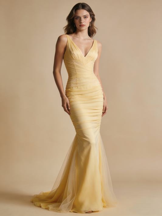 A Line Prom Dress Light Yellow V-neck Tulle Mermaid Gala Dress Birthday Party Outfits Evening Gown  D4822