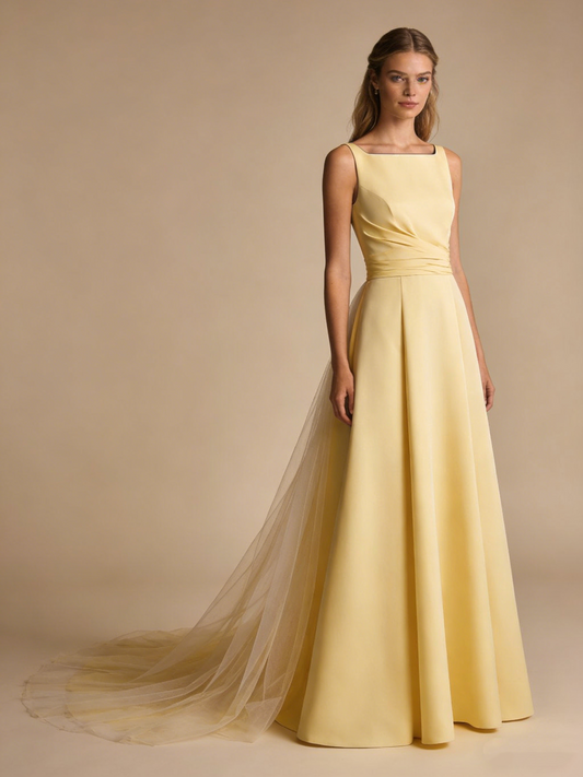 A Line Prom Dress Light Yellow Boat Neck Pleated Gala Dress Birthday Party Outfits Evening Gown  D4823