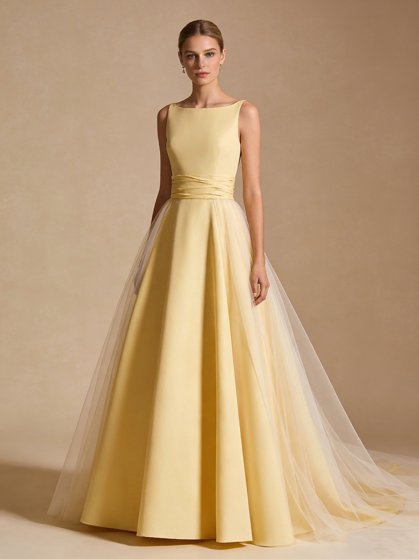 Light Yellow Prom Dress A Line Square Neck Pleated Gala Dress Birthday Party Outfits Evening Gown  D4825
