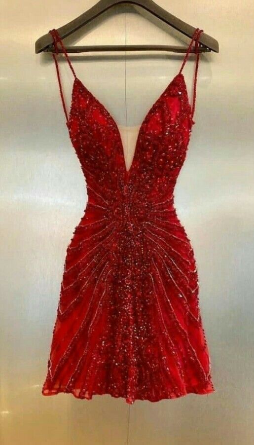 Chic Homecoming V Neck Red Sequins Tulle Back to School Outfits Party Dress D6728