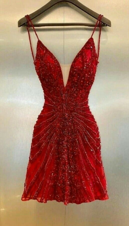Chic Homecoming V Neck Red Sequins Tulle Back to School Outfits Party Dress D6728
