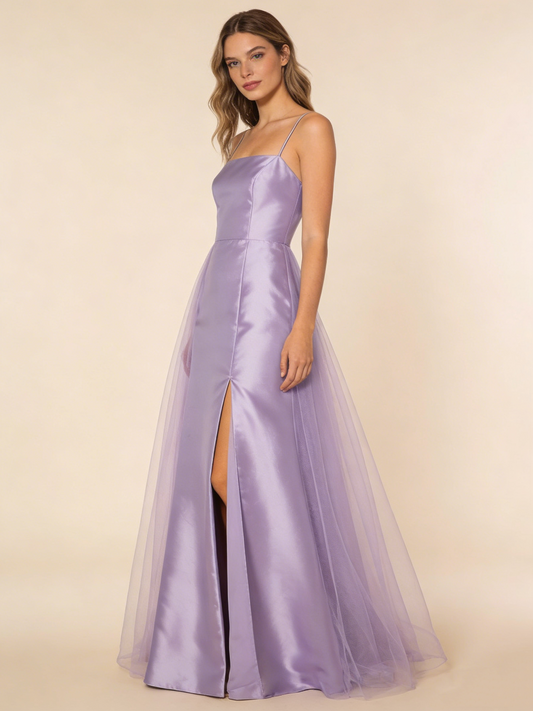 A Line Prom Dress Light Purple Spaghetti Straps Slit Evening Gown Birthday Party Outfits Gala Dress   D4840