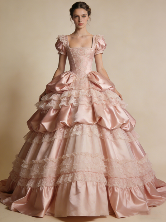 Elegant Ball Gown Light Pink Square Neck Pleated Prom Dresses 17th Dress Evening Gala Gown      D4841