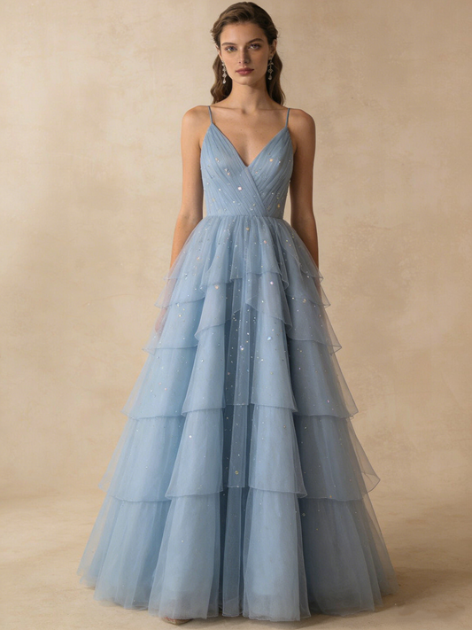 A Line Prom Dress Light Blue V-neck Pleated Tulle Evening Gown Birthday Party Outfits Gala Dress   D4842