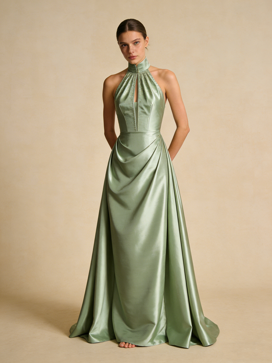 A Line Prom Dress Light Green Halter Beading Evening Gown Birthday Party Outfits Gala Dress   D4844