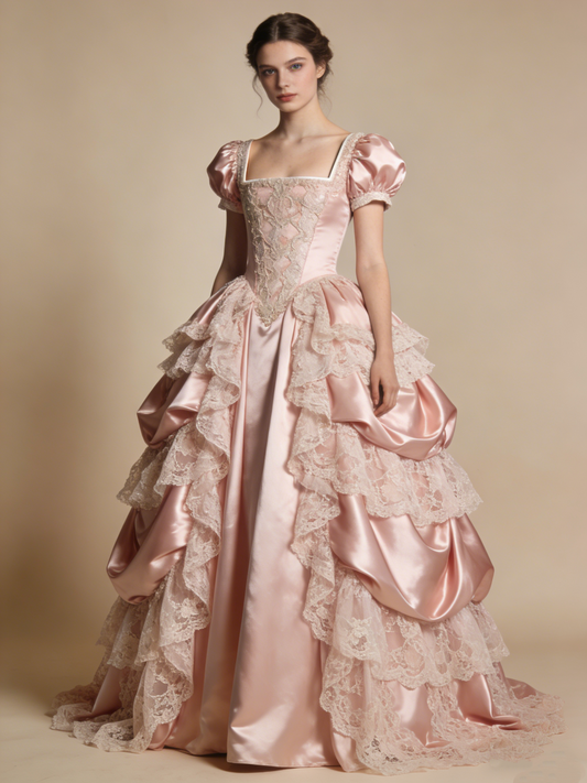 Beauty Ball Gown Light Pink Square Neck Pleated Lace Prom Dresses Sweet 16 Dress Evening Gala Gown      D4845