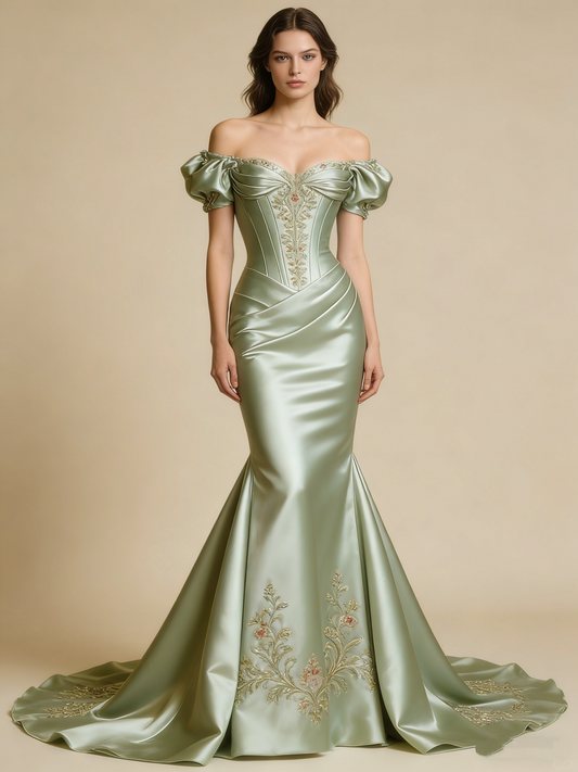 Elegant Prom Dress Light Green Off Shoulder Mermaid Evening Gown Birthday Party Outfits Gala Dress   D4845
