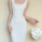 Elegant Prom Dress White Square Neck Sheath Beading Gala Dress Evening Gown Birthday Party Outfits    D4849