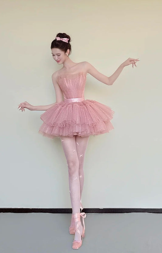 Cute Homecoming Dress Pink Strapless Tulle Pleated Short Back to School Prom Dress Birthday Outfits  D4850