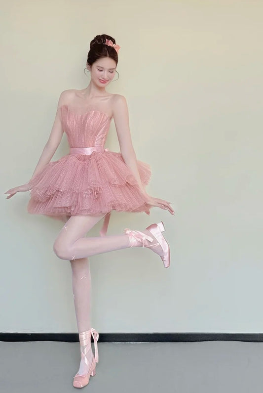Cute Homecoming Dress Pink Strapless Tulle Pleated Short Back to School Prom Dress Birthday Outfits  D4850